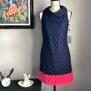 New Adrianna Papell Cowl Neck Retro Sheath Dot Navy Blue Coral Dress Size 4